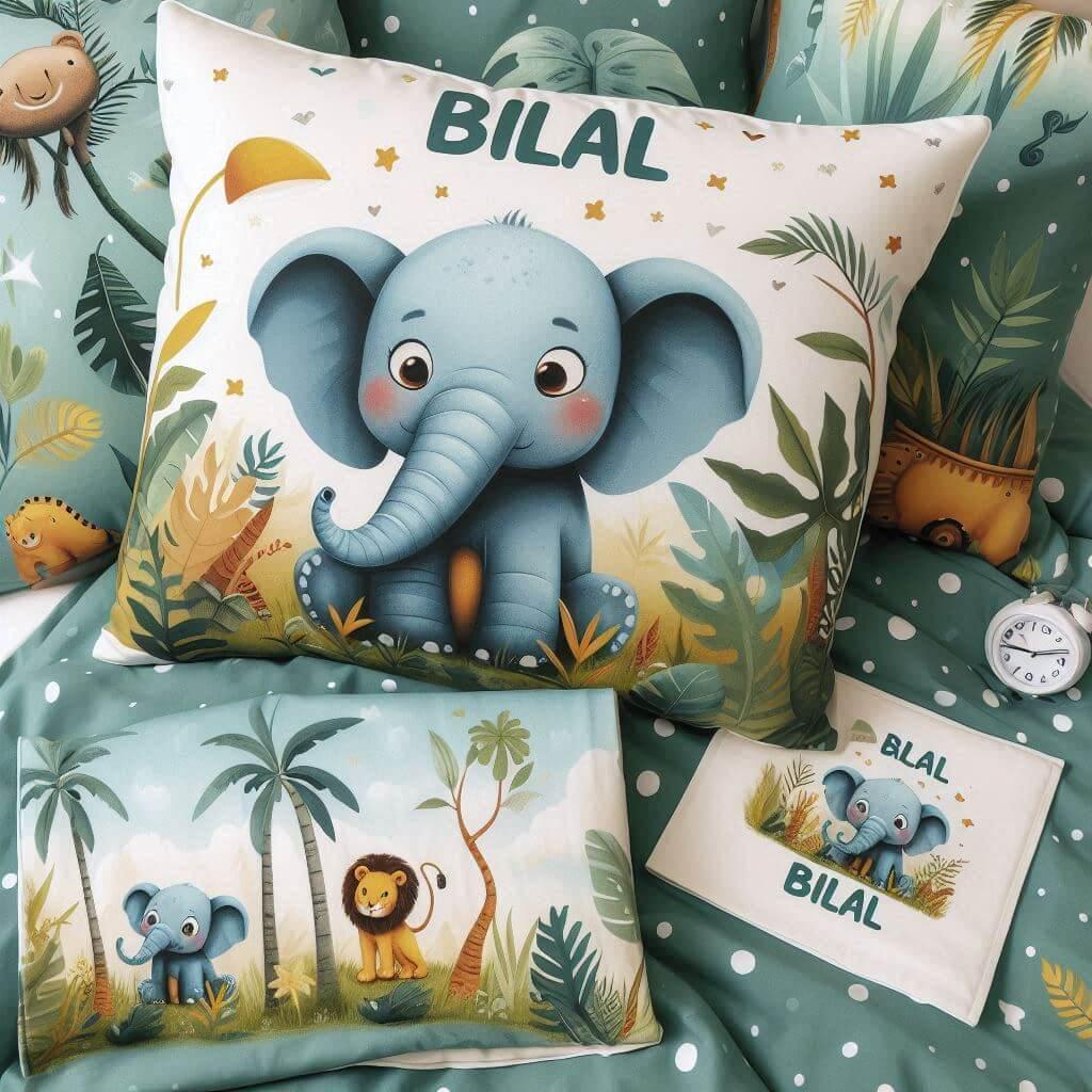 Draps personnalises avec le prenom bilal et un coussin avec le prenom bilal theme jungle