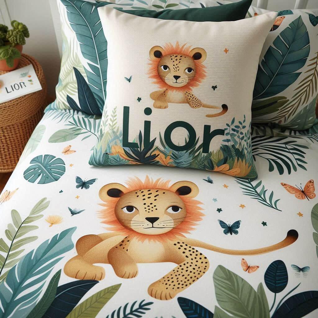 Draps personnalises avec le prenom lior et un coussin avec le prenom lior theme jungle