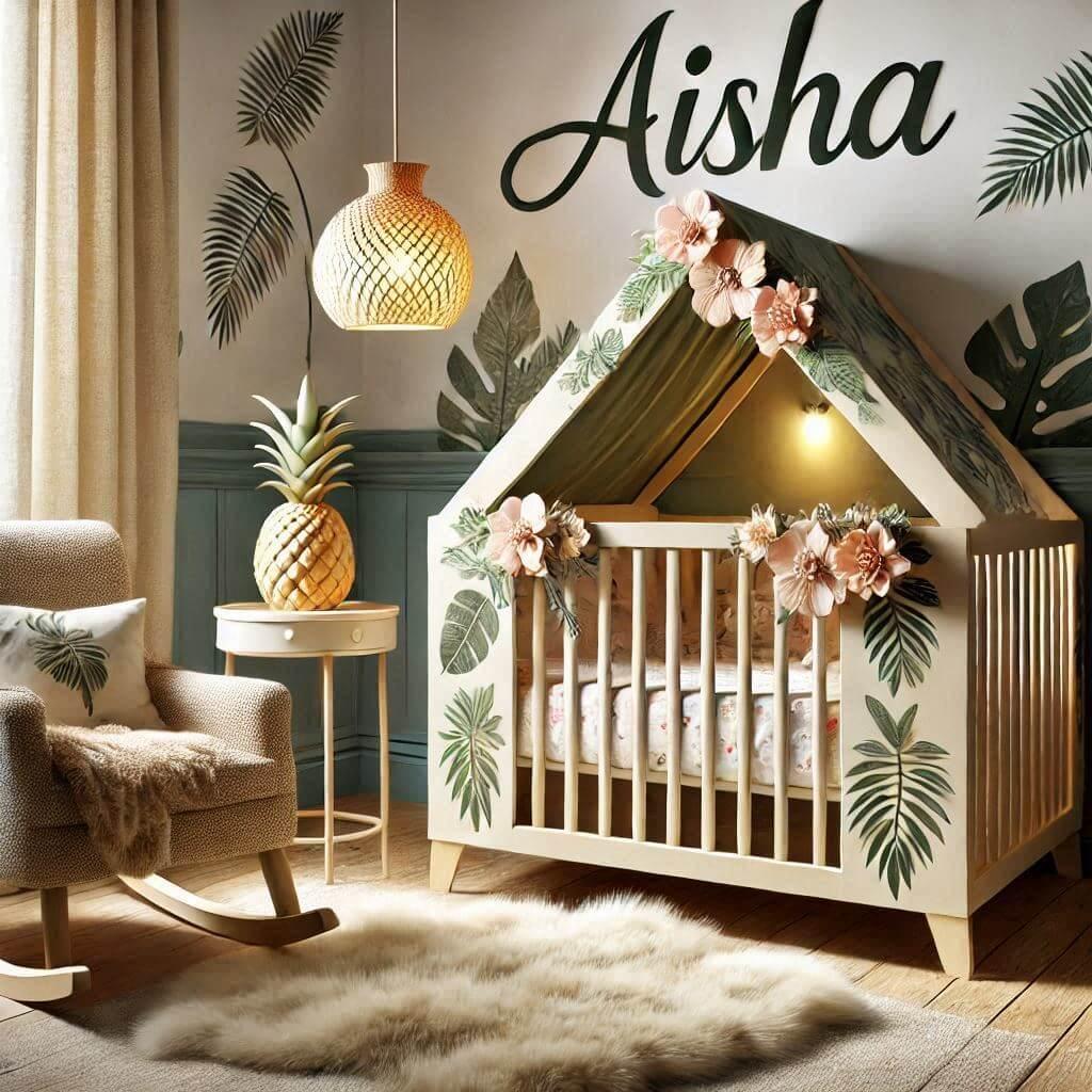 belle chambre de bébé fille sur le theme safari fleurs, prenom aisha