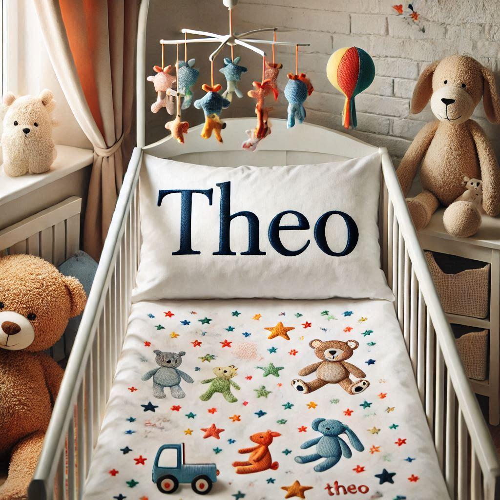 Ecrit le prenom theo sur des draps de bebe