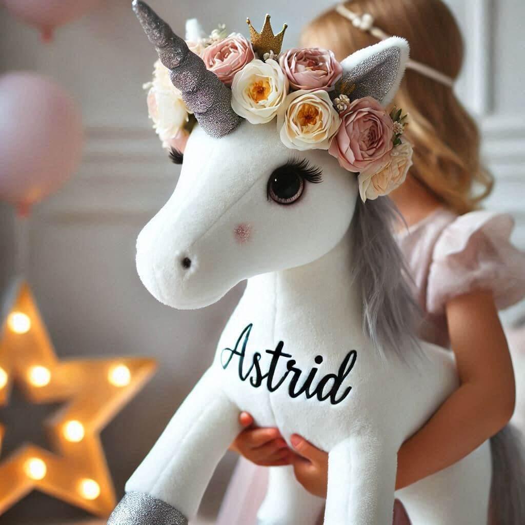 Image of a unicorn plush with a personalized flower crown with the name astrid in the hands of a little girl