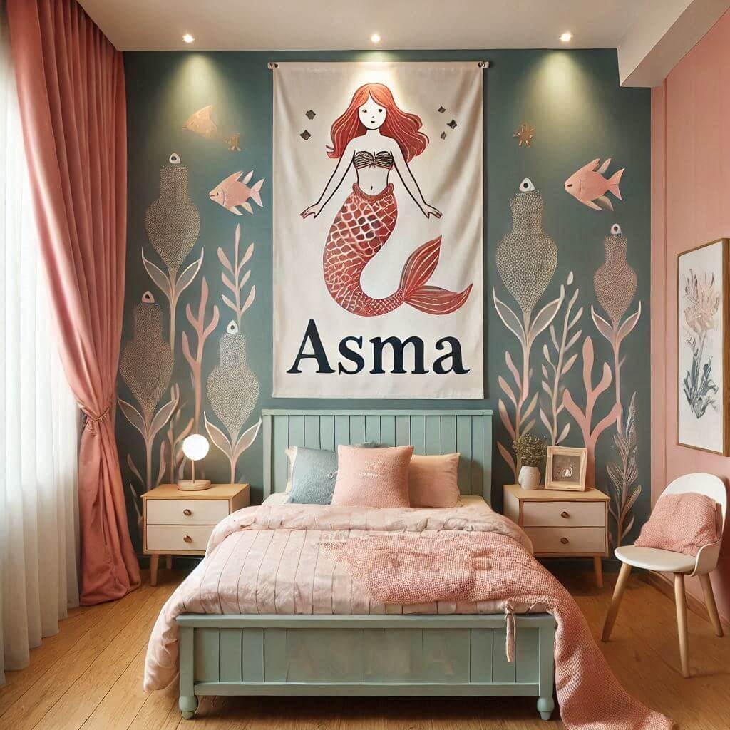 Jolie chambre theme sirene avec un lit simple motif poisson et rideaux motif corail prenom asma ecrit sur une affiche 1