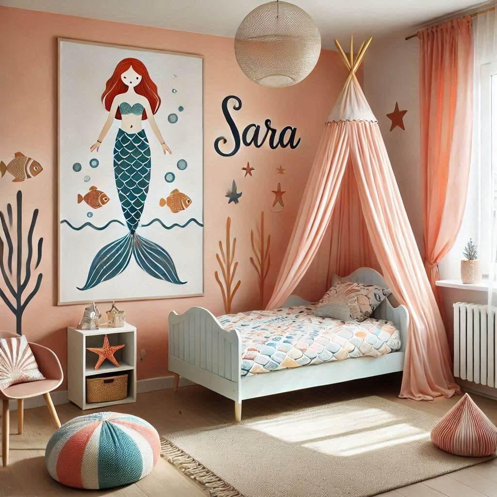 Jolie chambre theme sirene avec un lit simple motif poisson et rideaux motif corail prenom sara ecrit sur une affiche petit tipi en forme de queue de sirene 1