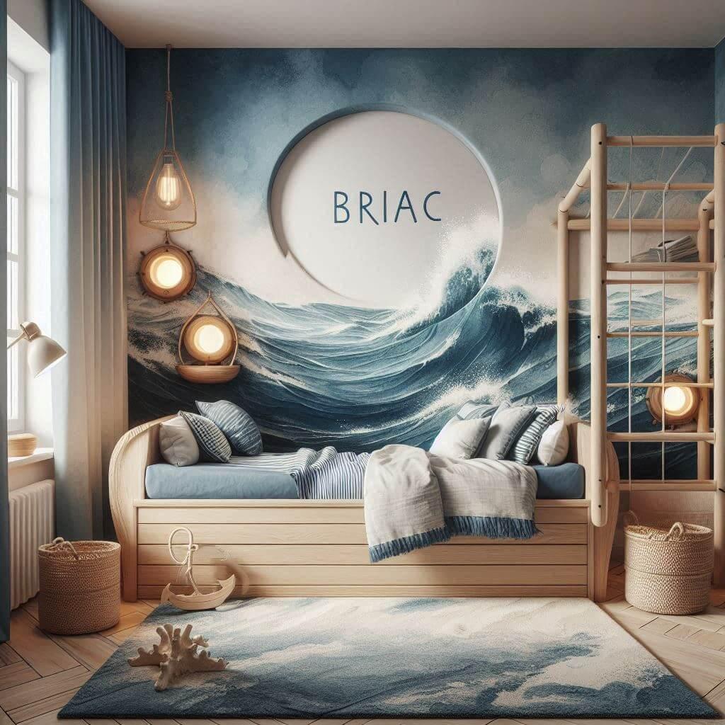 La chambre de briac inspiree de locean avec une palette apaisante de bleu profond blanc sable et bois clair rehaussee dun mur en papier peint aquarelle representant des vagues douc