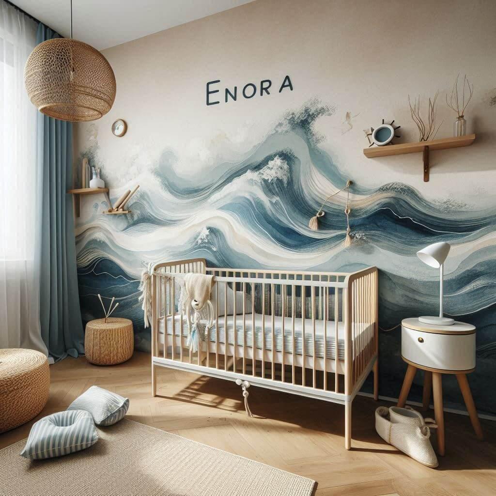 La chambre de enora sinspire de locean avec une palette apaisante de bleu profond blanc sable et bois clair rehaussee dun mur en papier peint aquarelle representant des vagues douc