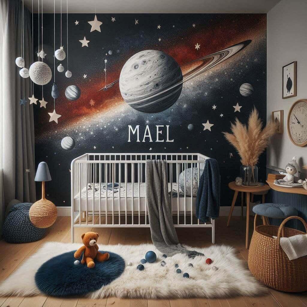 La chambre de mael inspiree de l astronomie avec une palette apaisante de bleu marin et rouge un mur en papier peint planete un berceau pour bebe le prenom mael ecrit sur le mur un