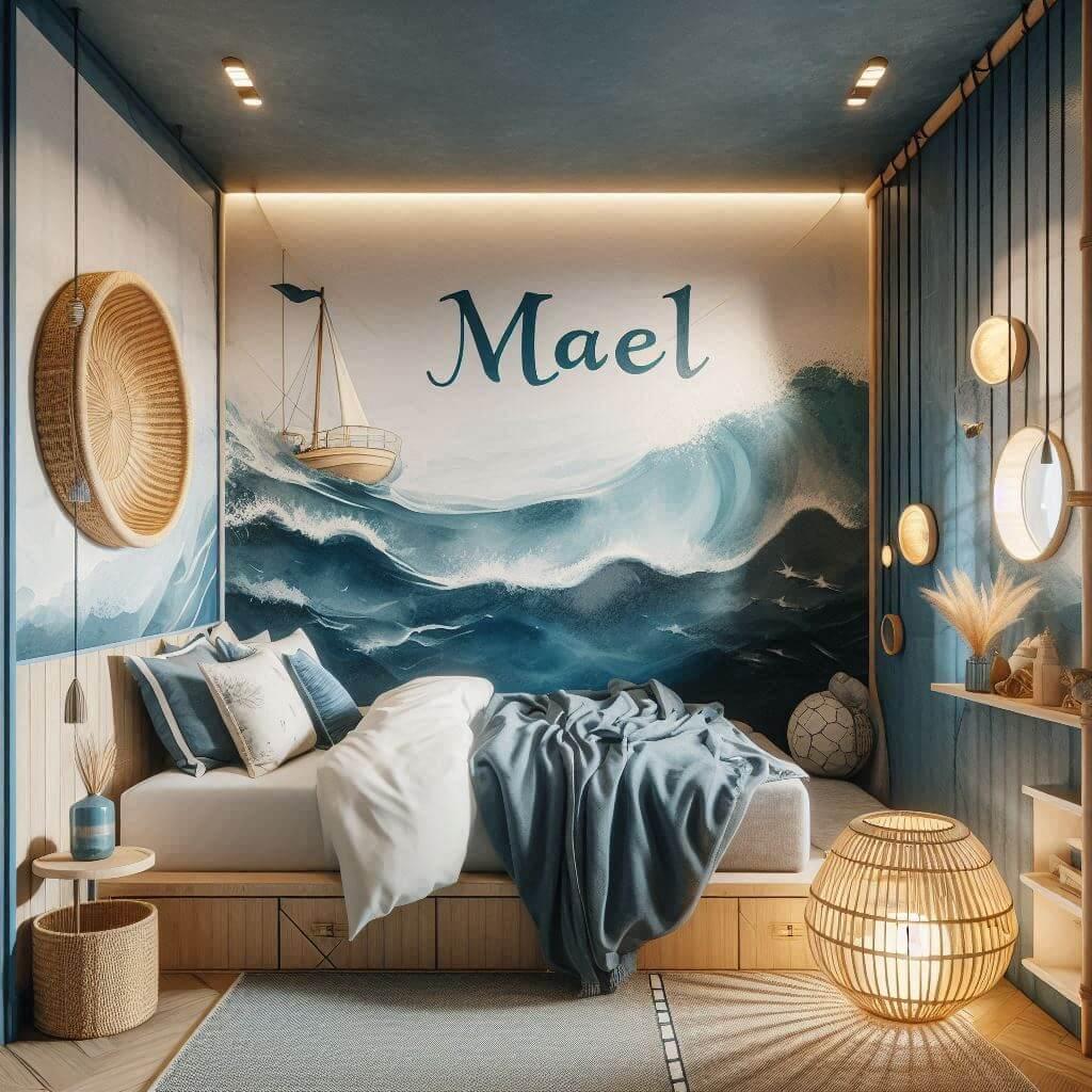 La chambre de mael sinspire de locean avec une palette apaisante de bleu profond blanc sable et bois clair rehaussee dun mur en papier peint aquarelle representant des vagues douce