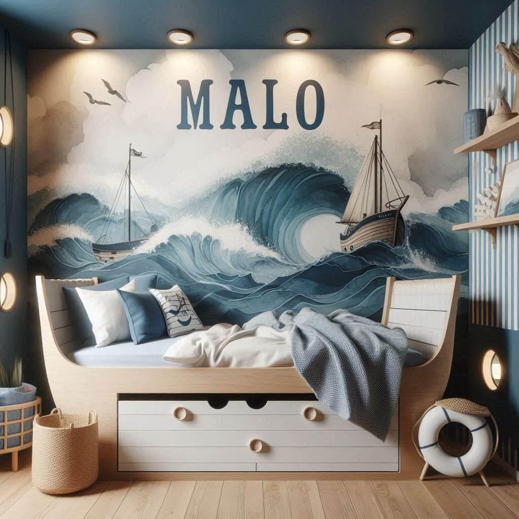 La chambre de malo sinspire de locean avec une palette apaisante de bleu profond blanc sable et bois clair rehaussee dun mur en papier peint aquarelle representant des vagues douce