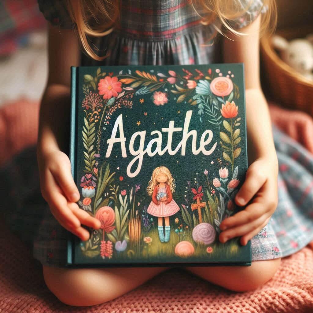 Le prenom agathe ecrit sur un livre pour enfant tenu dans les mains d une petite fille 1