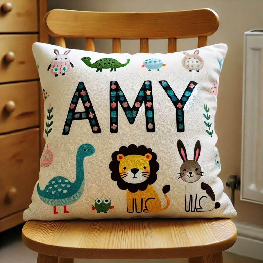 Le prenom amy sur un coussin d enfant avec des motifs animaux pose sur une chaise 1