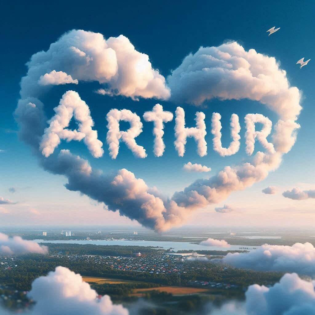 Le prenom arthur ecrit avec les nuages dans le ciel avec des nuages en forme de coeur