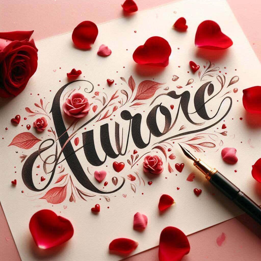 Le prenom aurore ecrit en calligraphie sur un papier avec des c urs rouges et des petales de rose