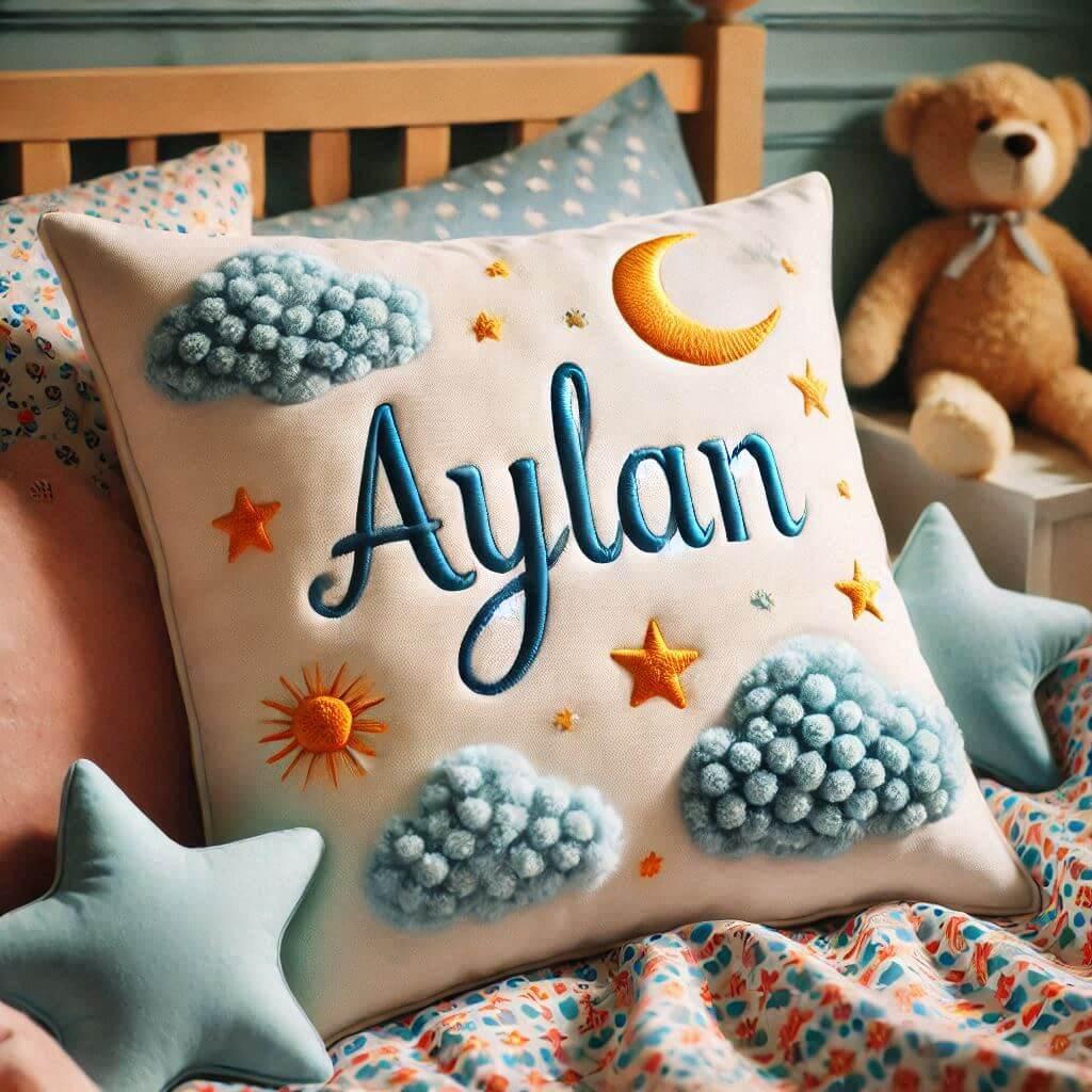 Le prenom aylan sur un coussin denfant avec des etoiles et des nuages pose sur un lit