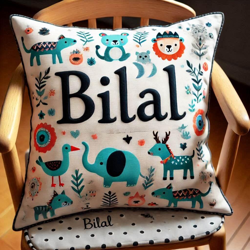 Le prenom bilal sur un coussin d enfant avec des motifs animaux pose sur une chaise