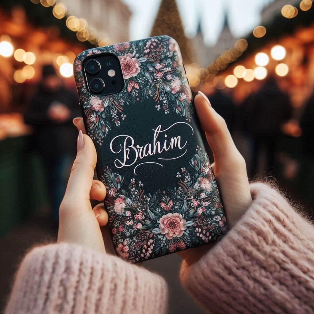 Le prenom brahim ecrit en calligraphie sur une coque de telephone motif fleuri dans les mains dune femme au marche de noel 2 1