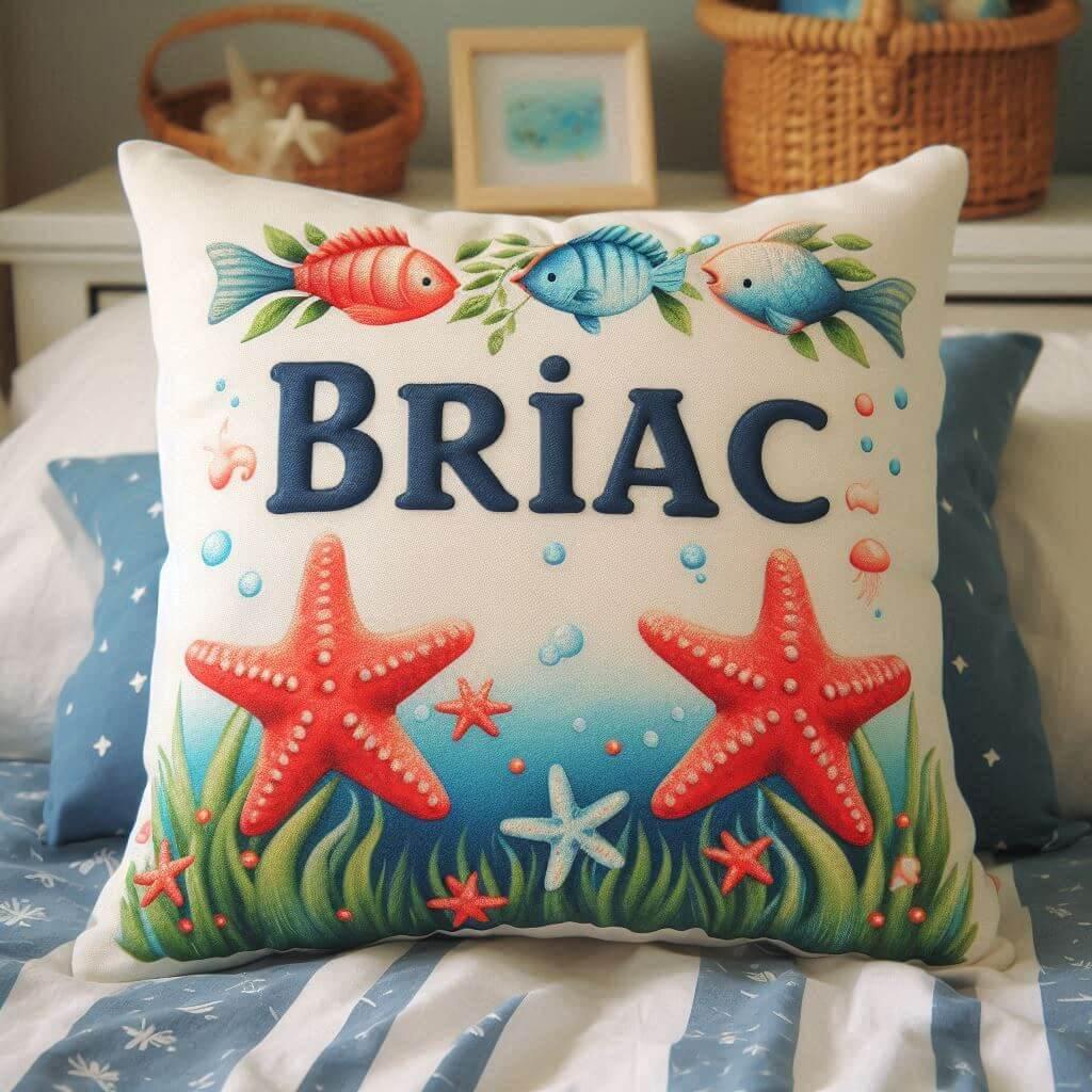 Le prenom briac sur un coussin avec des etoiles de mer et des poissons pose sur un lit 1