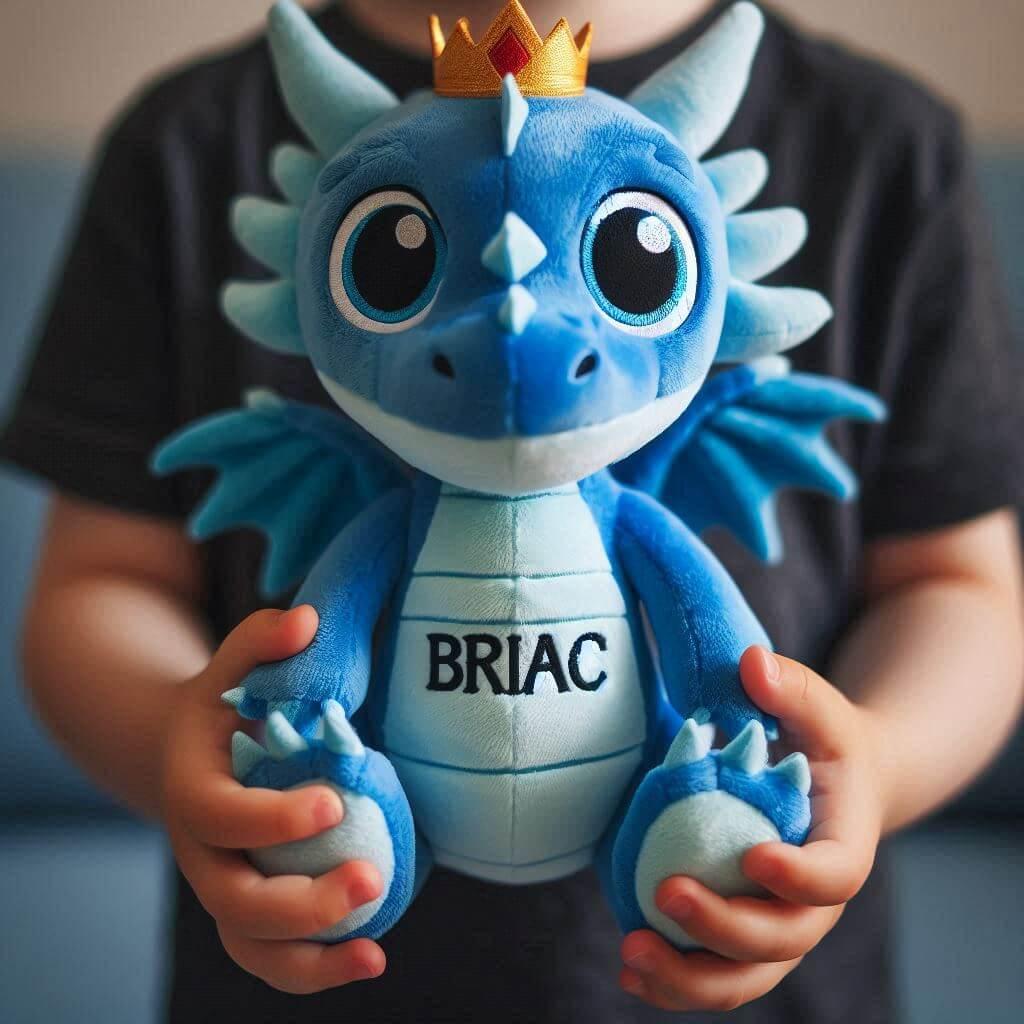 Le prenom briac sur une peluche dragon bleu avec une couronne dans les mains dun petit garcon 1