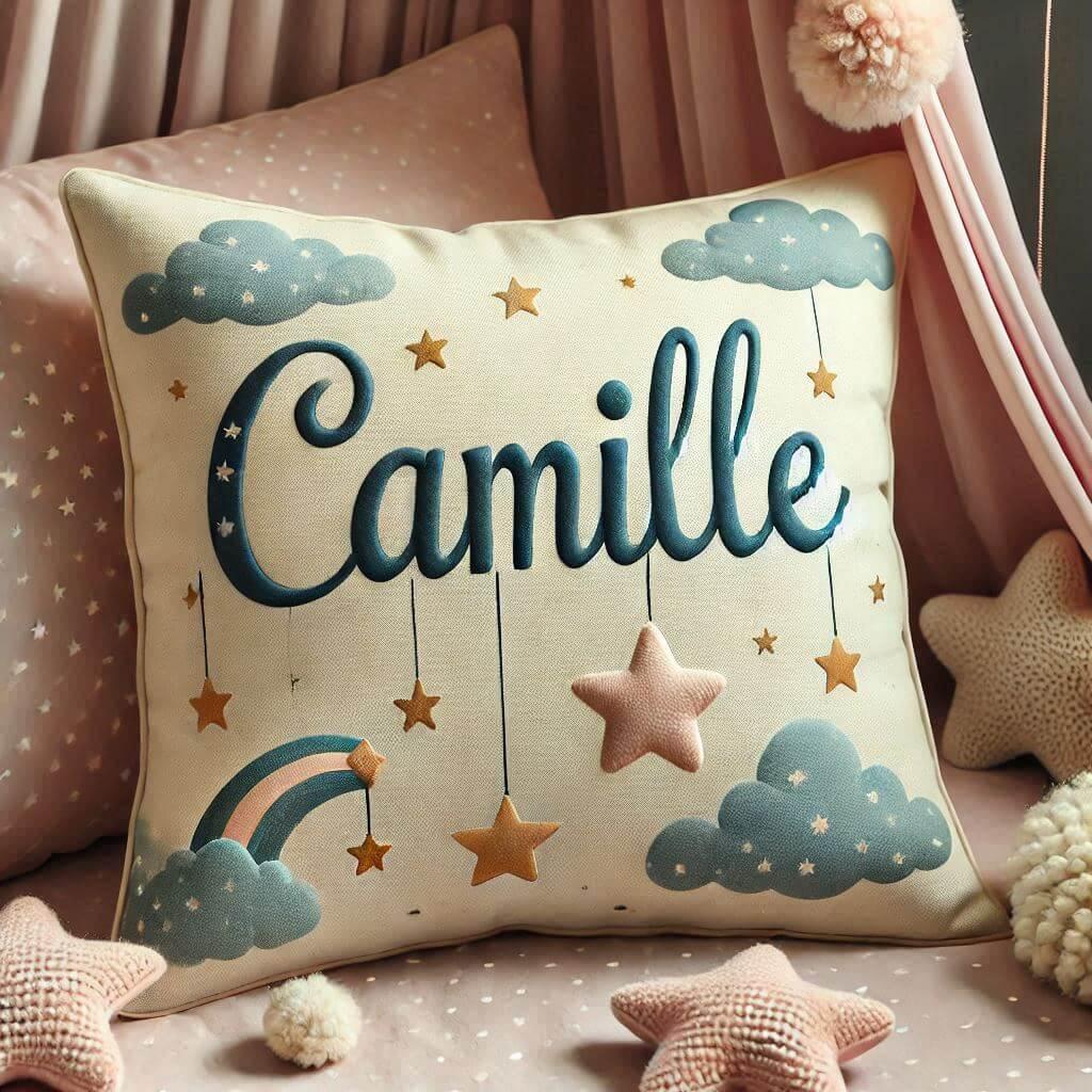 Le prenom camille sur un coussin denfant avec des etoiles et des nuages pose sur un lit