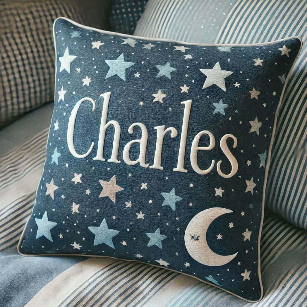 Le prenom charles ecrit sur un coussin denfant pose sur un lit couleurs bleu nuit avec des etoiles 1 1