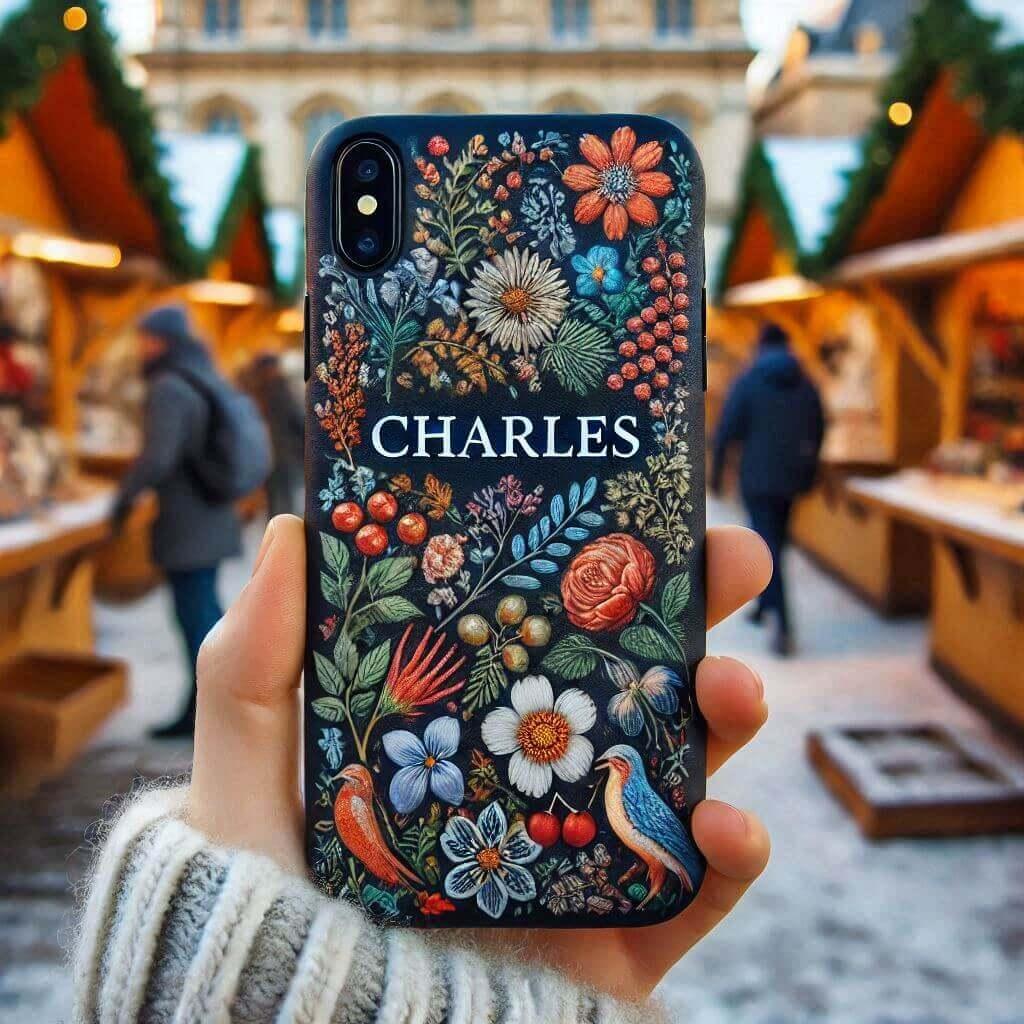 Le prenom charles ecrit sur une coque de telephone motifs fleuris