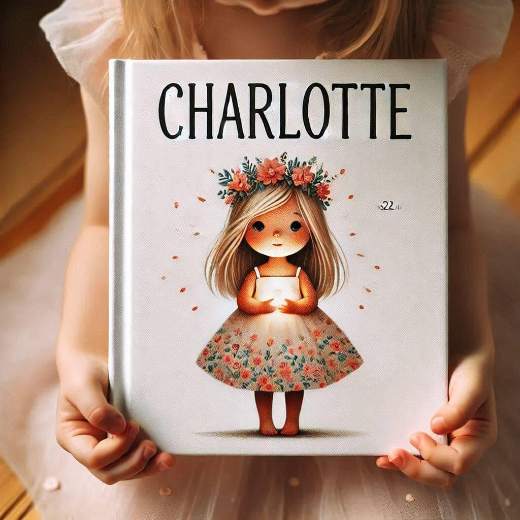 Le prenom charlotte en couverture dun livre pour enfant dans les mains dune petite fille 1