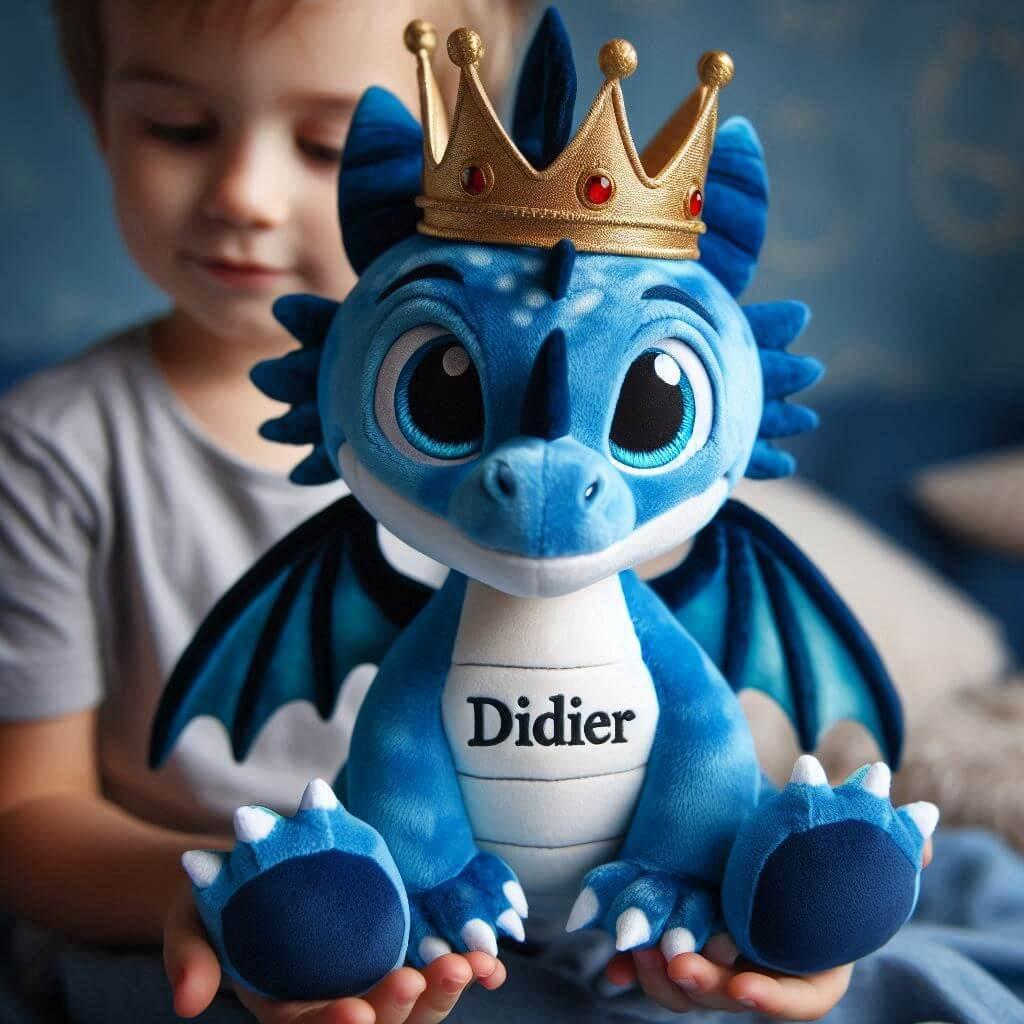 Le prenom didier sur une peluche dragon bleu avec une couronne dans les mains d un petit garcon 1