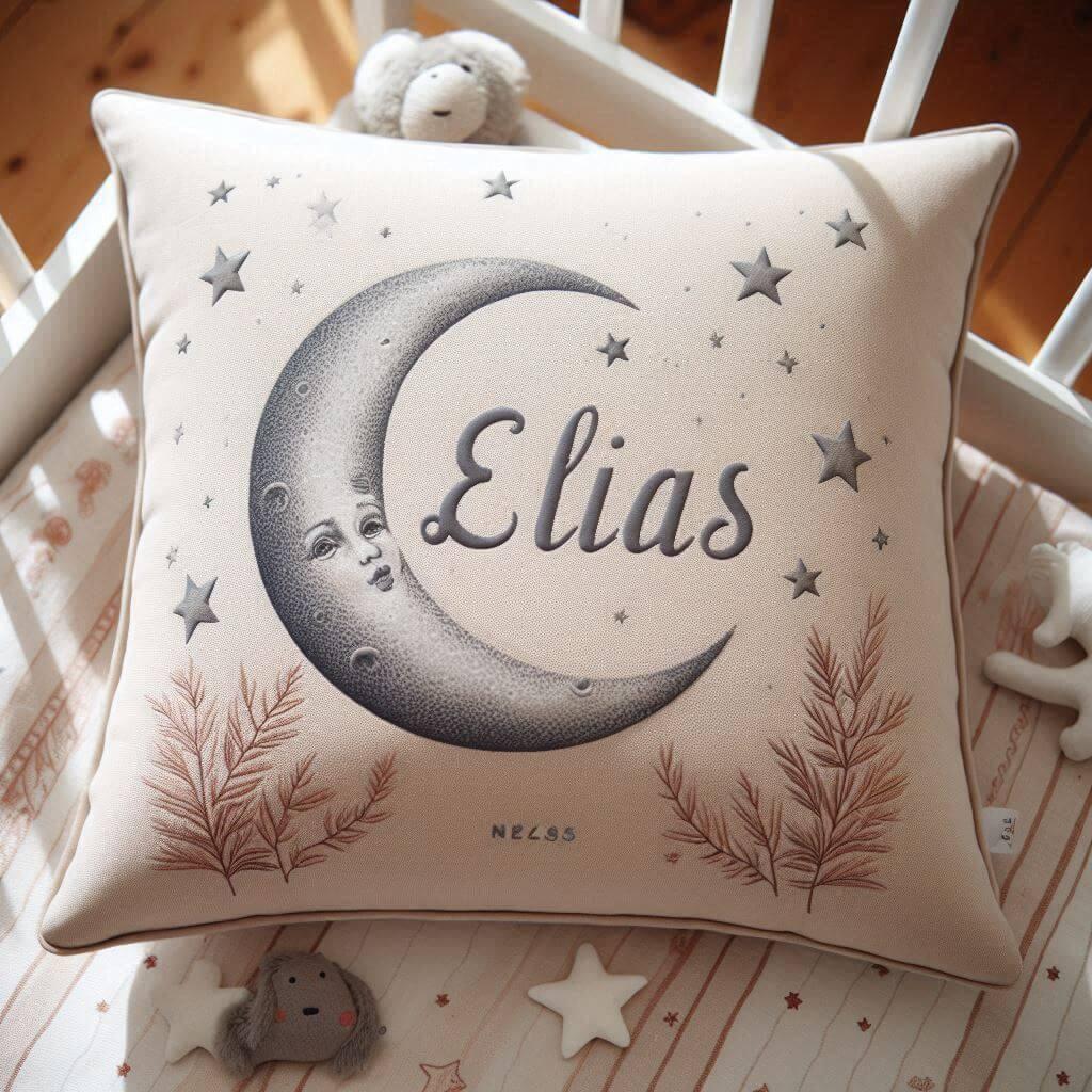 Le prenom elias sur un coussin denfant avec des etoiles et des lunes pose sur un lit