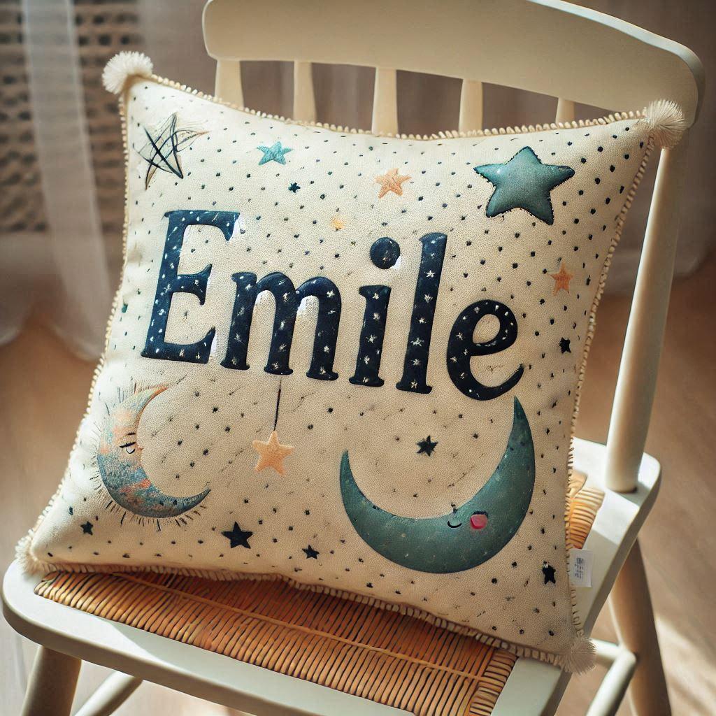 Le prenom emile sur un coussin d enfant avec des etoiles et des lunes pose sur une chaise