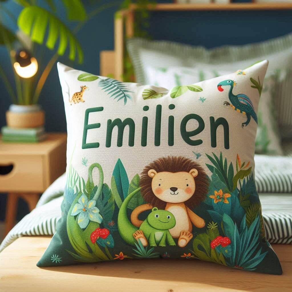 Le prenom emilien sur un coussin pour enfant theme jungle pose sur un lit