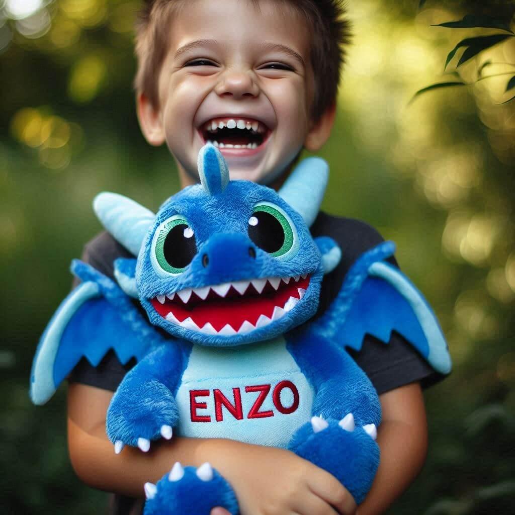 Le prenom enzo sur une peluche dragon bleu dans les mains dun petit garcon qui rigole 1