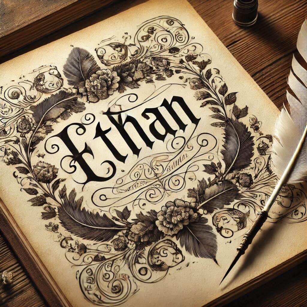 Le prenom ethan ecrit dans un carnet ancien calligraphie