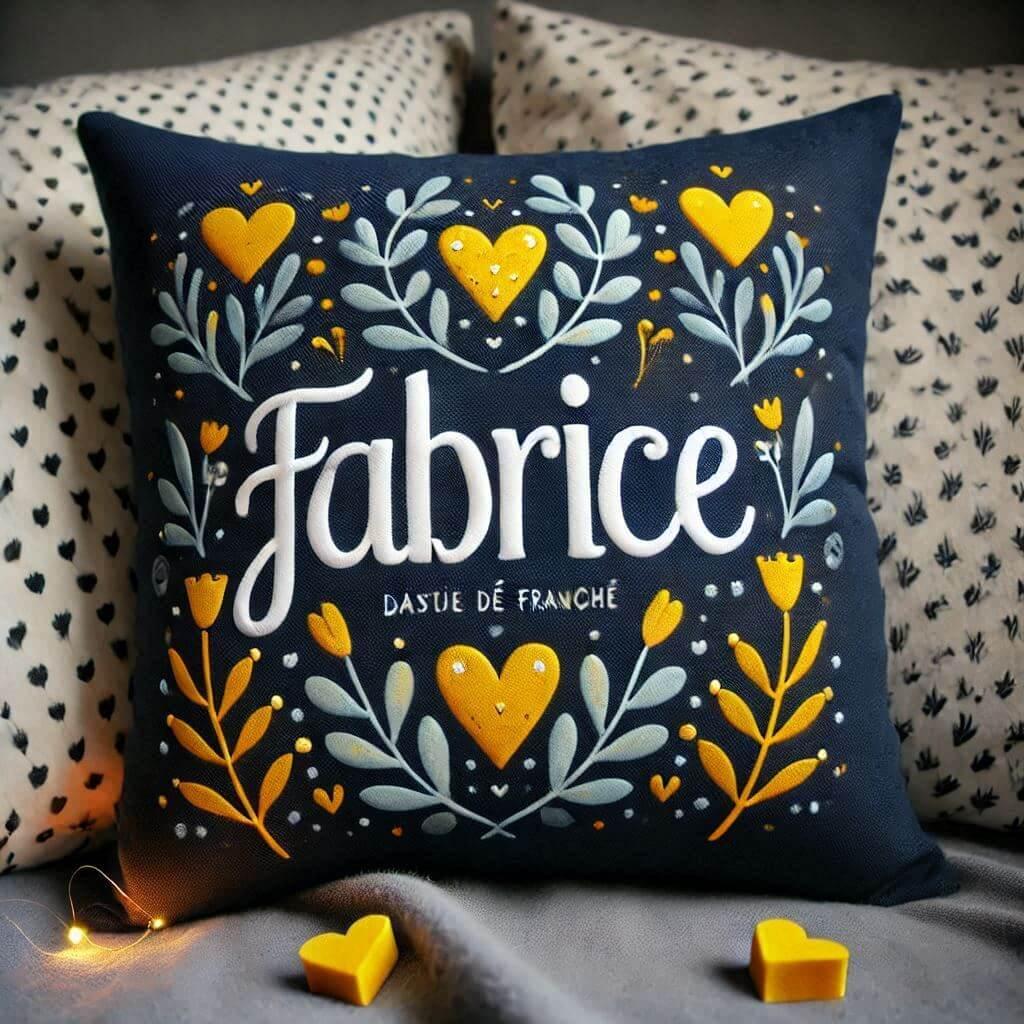 Le prenom fabrice ecrit en francais sur un coussin bleu nuit avec des coeurs jaunes 1 1