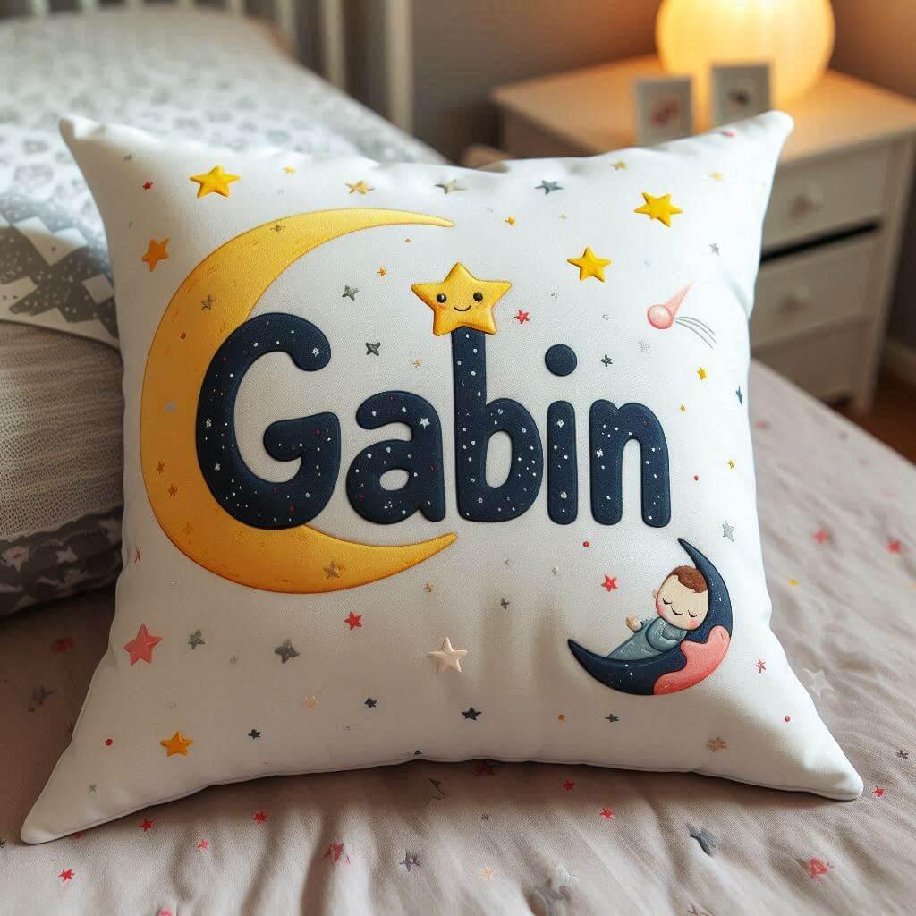 Le prenom gabin sur un coussin denfant avec des etoiles et des lunes pose sur un lit