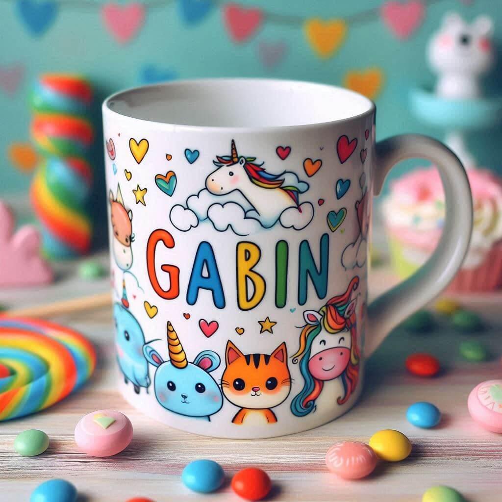 Le prenom gabin sur un mug enfant avec des animaux et des coeurs couleurs vives