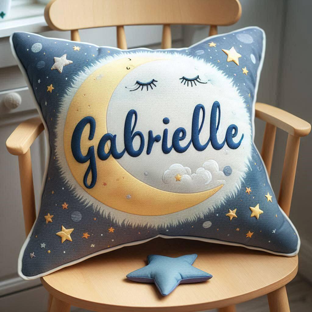 Le prenom gabrielle sur un coussin denfant avec des etoiles et des lunes pose sur une chaise