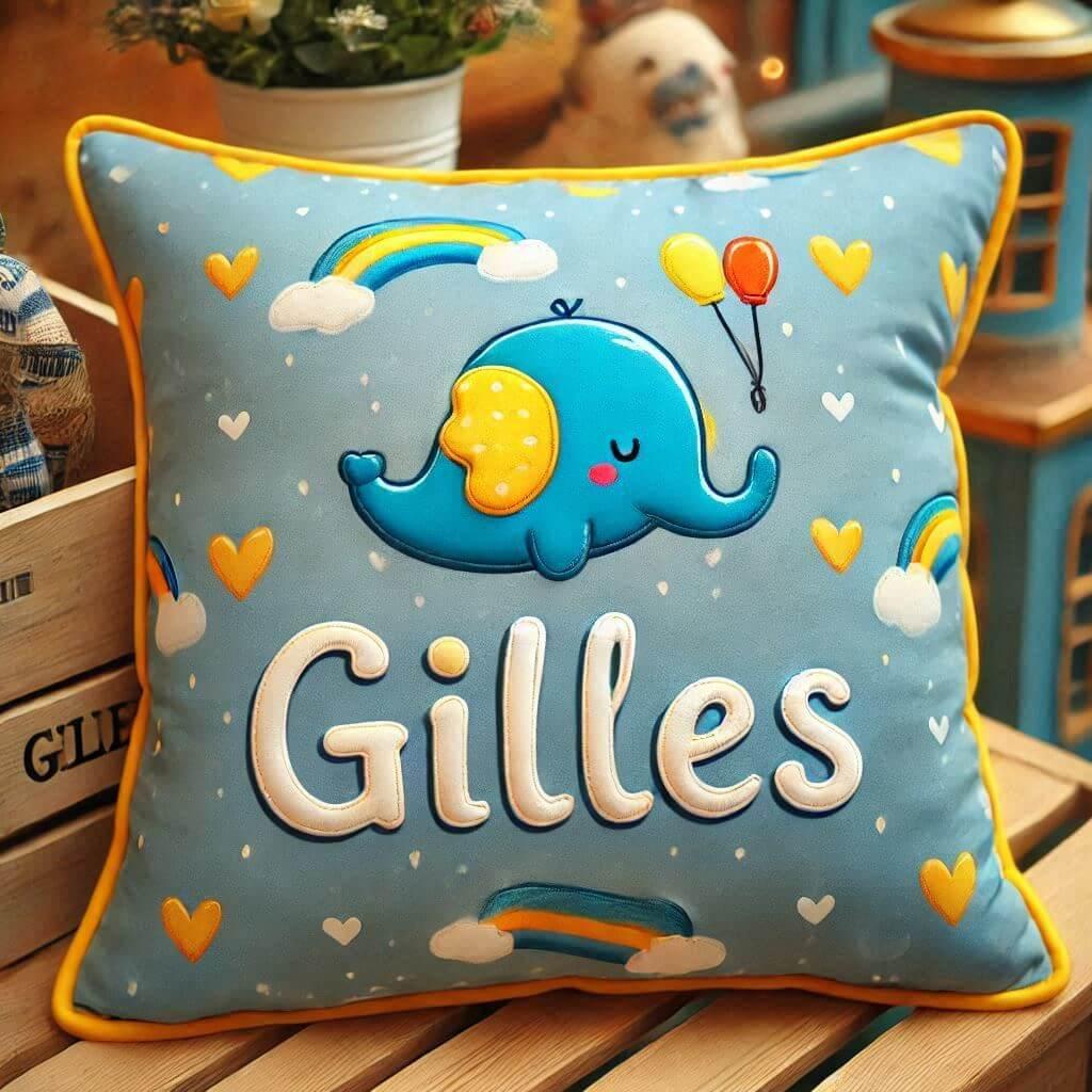 Le prenom gilles ecrit sur un coussin bleu et jaune avec des coeurs 1