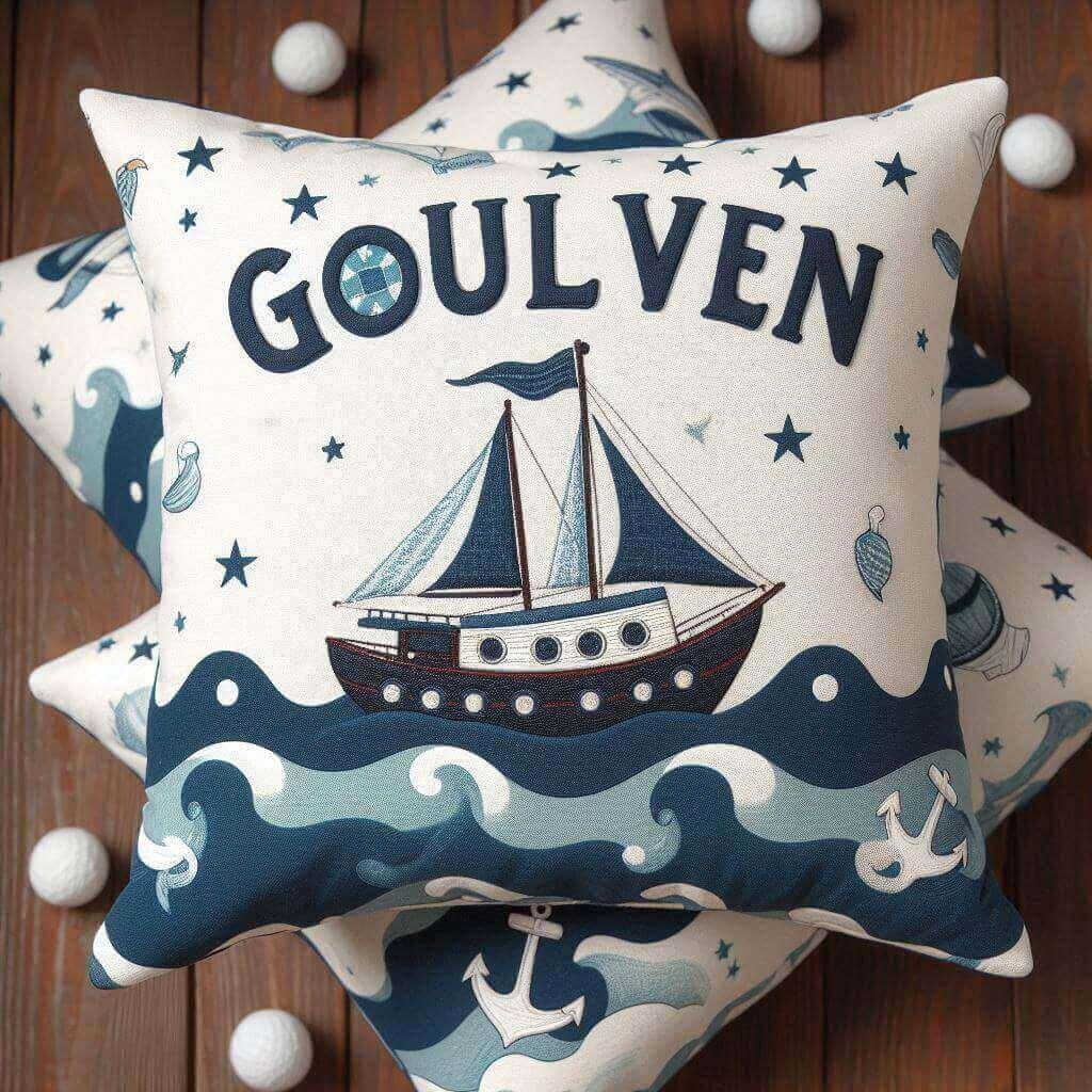 Le prenom goulven sur un oreiller pour enfant motif marin