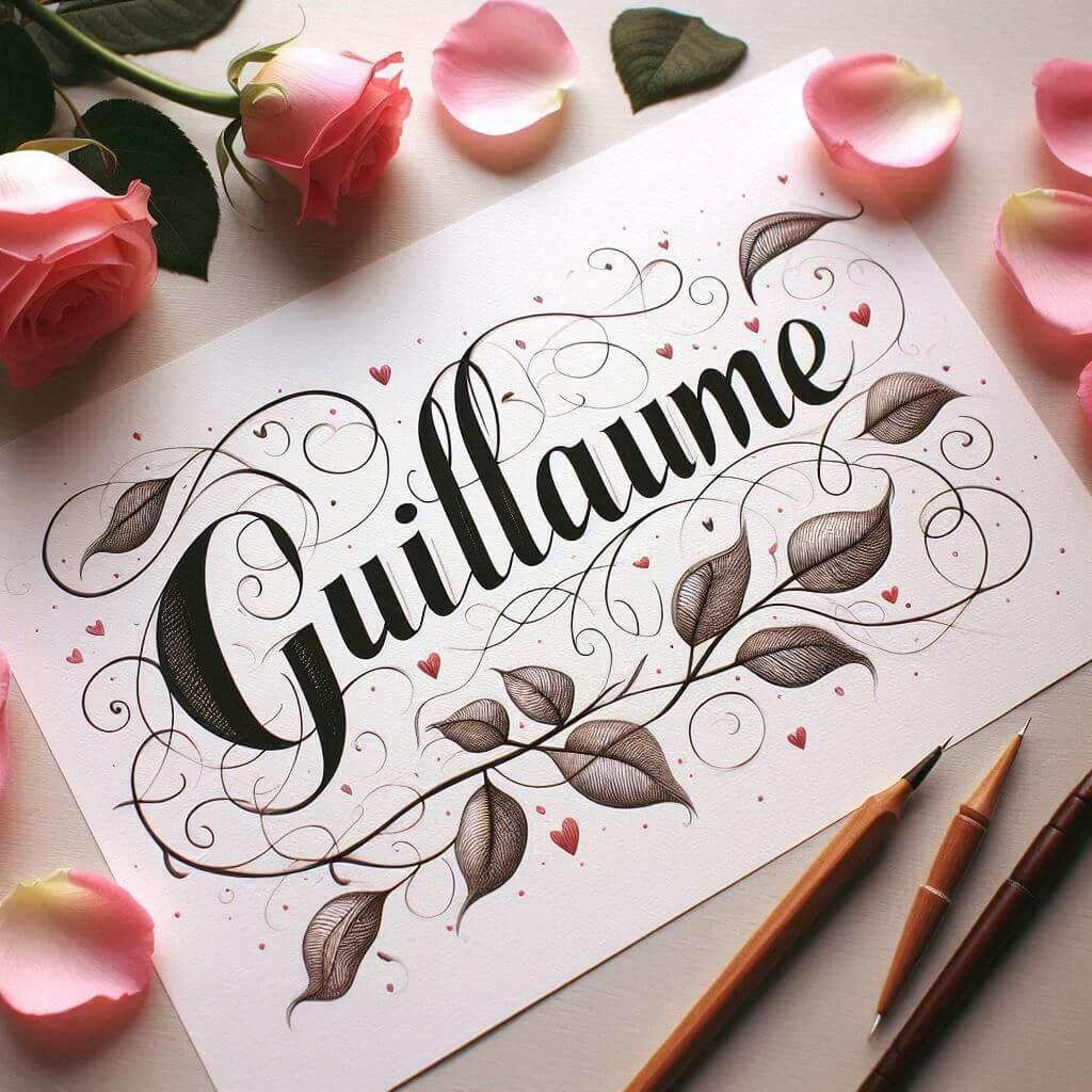 Le prenom guillaume ecrit en calligraphie sur un papier avec des coeurs dessine et des petales de rose 1