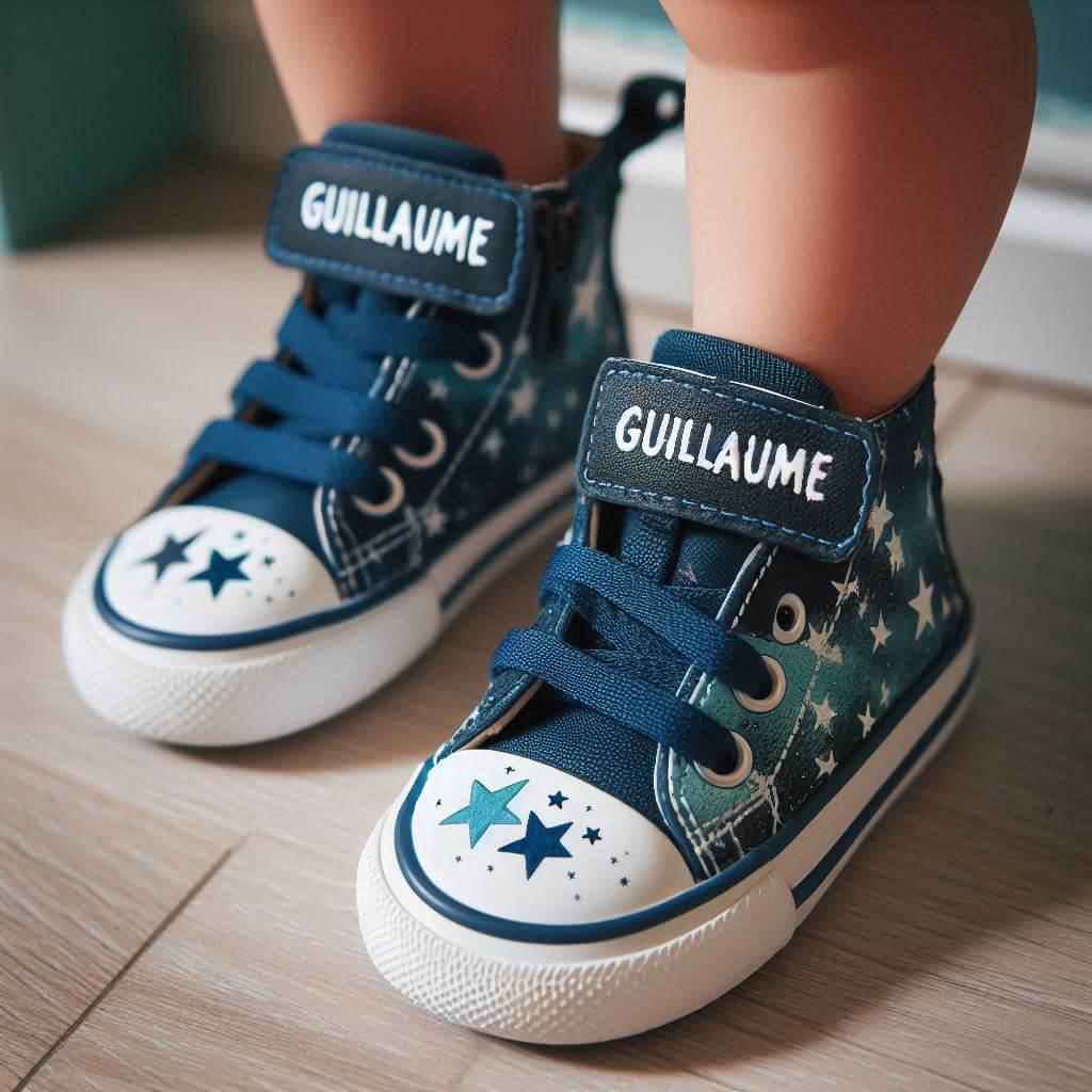 Le prenom guillaume ecrit sur des baskets d enfant porte par un petit garcon couleur bleu nuit et vert clair avec des etoiles