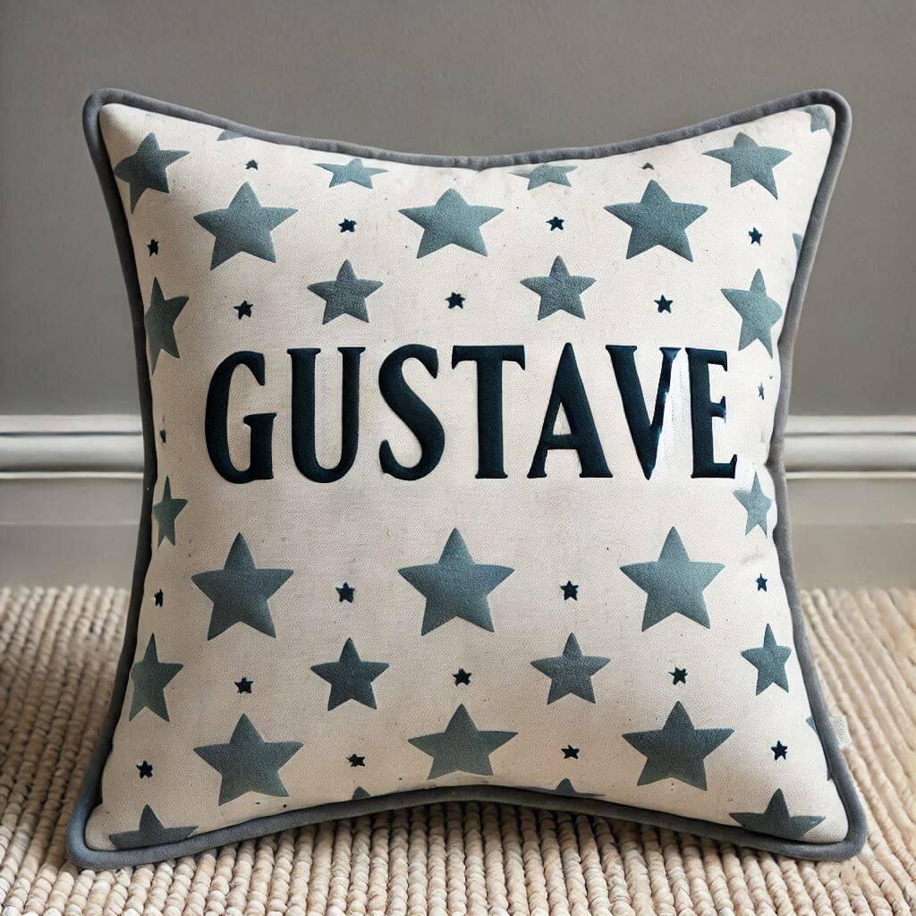 Le prenom gustave sur un coussin denfant avec des etoiles couleurs bleu gris