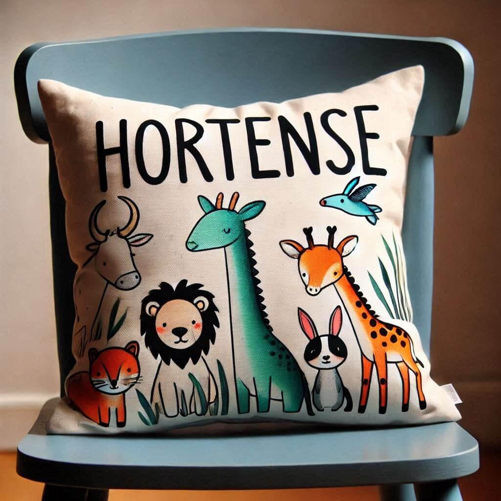 Le prenom hortense sur un coussin dinfant avec des motifs animaux pose sur une chaise ecrit en francais avec un s 1