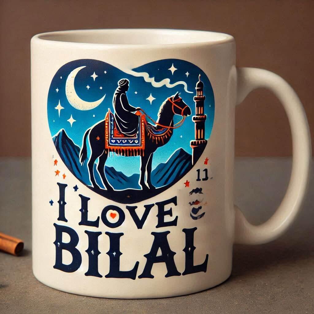 Le prenom i love bilal sur un mug couleur bleu nuit et moutarde