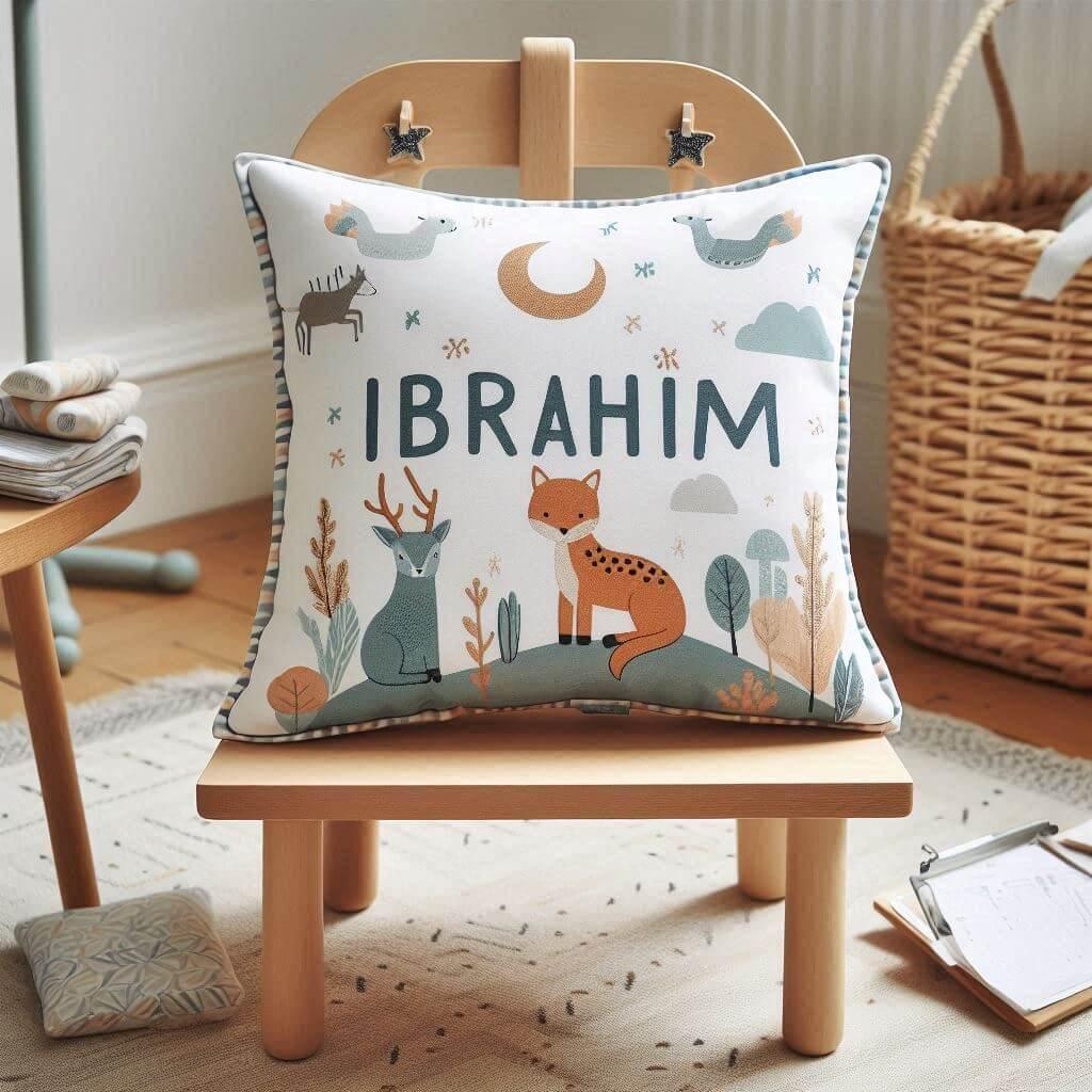 Le prenom ibrahim sur un coussin denfant avec des motifs animaux pose sur une chaise 1