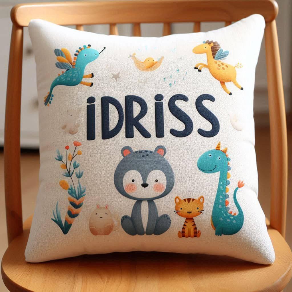 Le prenom idriss sur un coussin d enfant avec des motifs animaux pose sur une chaise