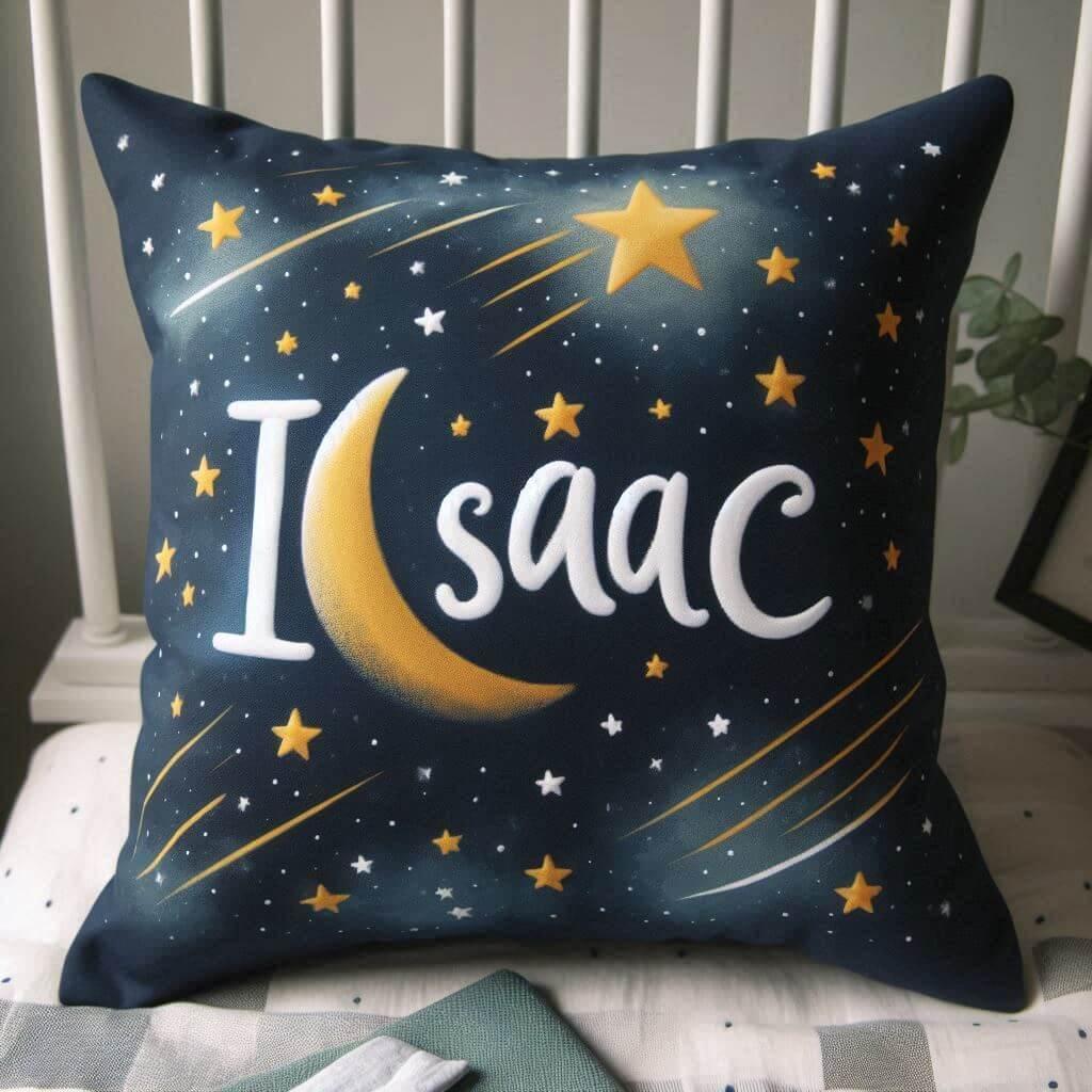 Le prenom isaac ecrit sur un coussin bleu nuit et moutarde avec des etoiles 1