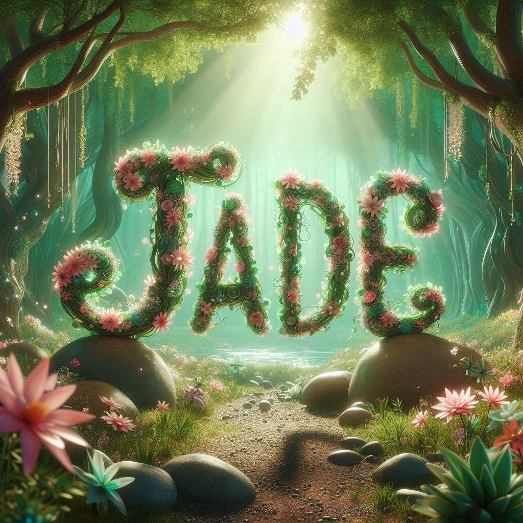 Le prenom jade ecrit avec pleins de fleurs au milieu d une foret magique