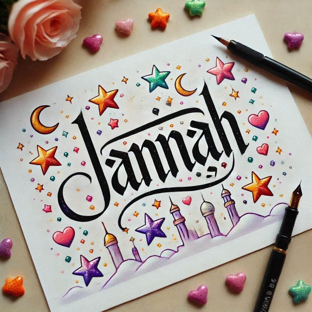 Le prenom jannah ecrit joliment en calligraphie sur un bout de papier avec des etoiles et des c urs de toutes les couleurs