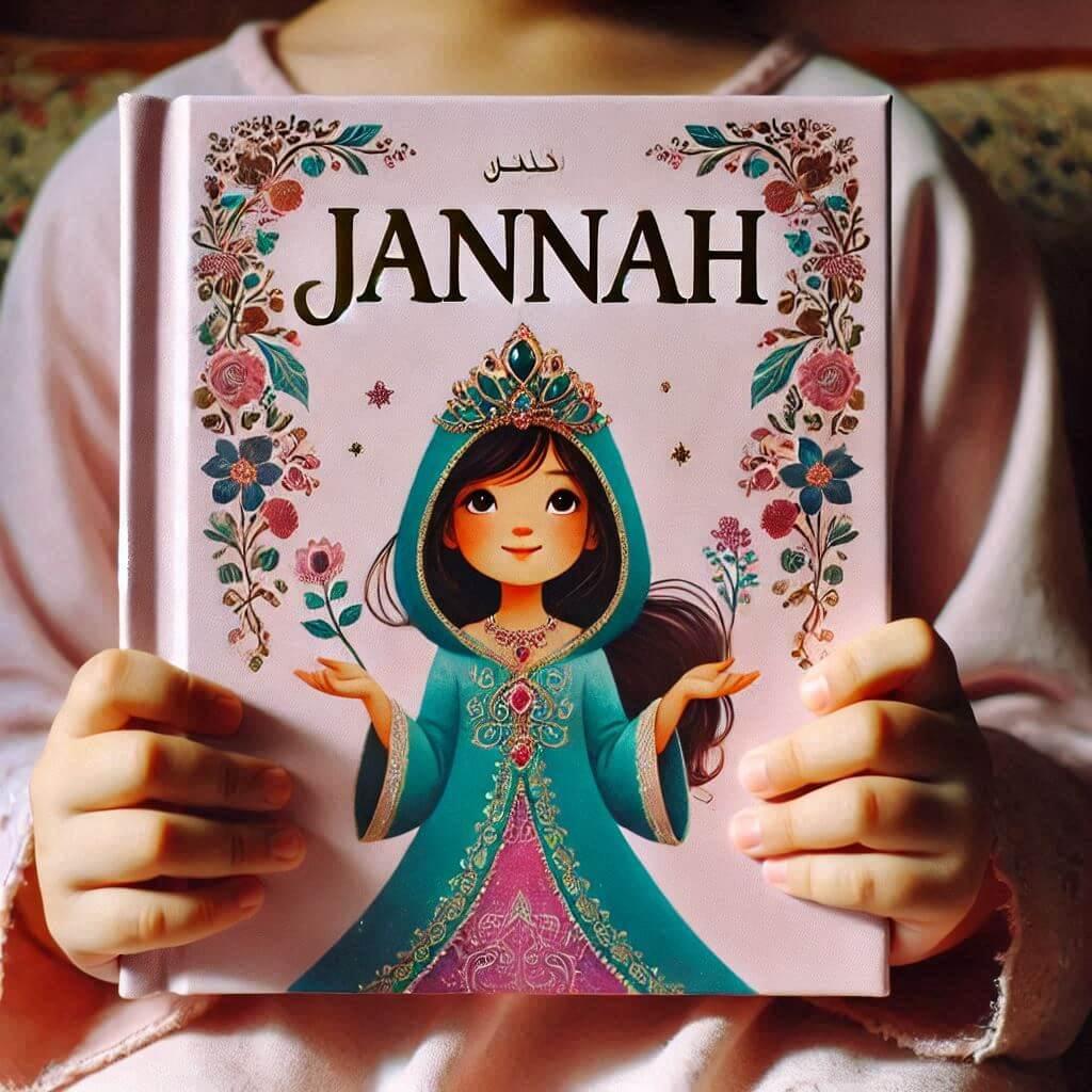 Le prenom jannah sur une couverture dun livre pour enfant dans les mains dun enfant theme princesse orientale 1