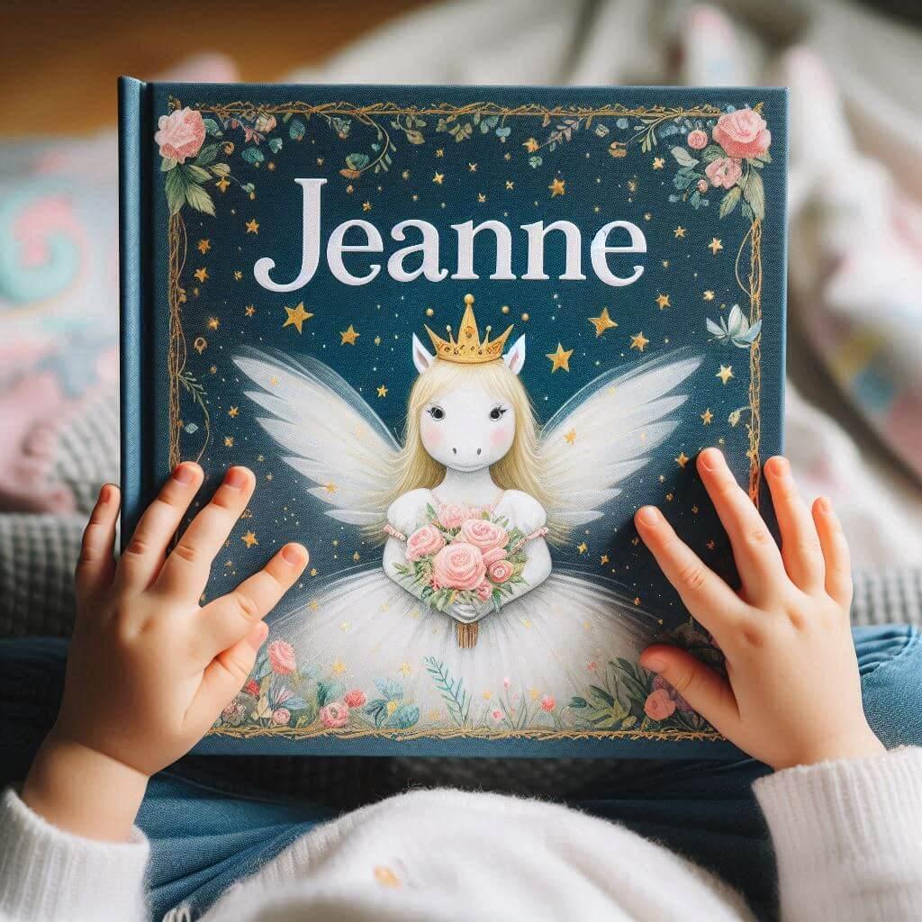 Le prenom jeanne ecrit sur un livre pour enfant tenu dans les mains d une petite fille 1 1