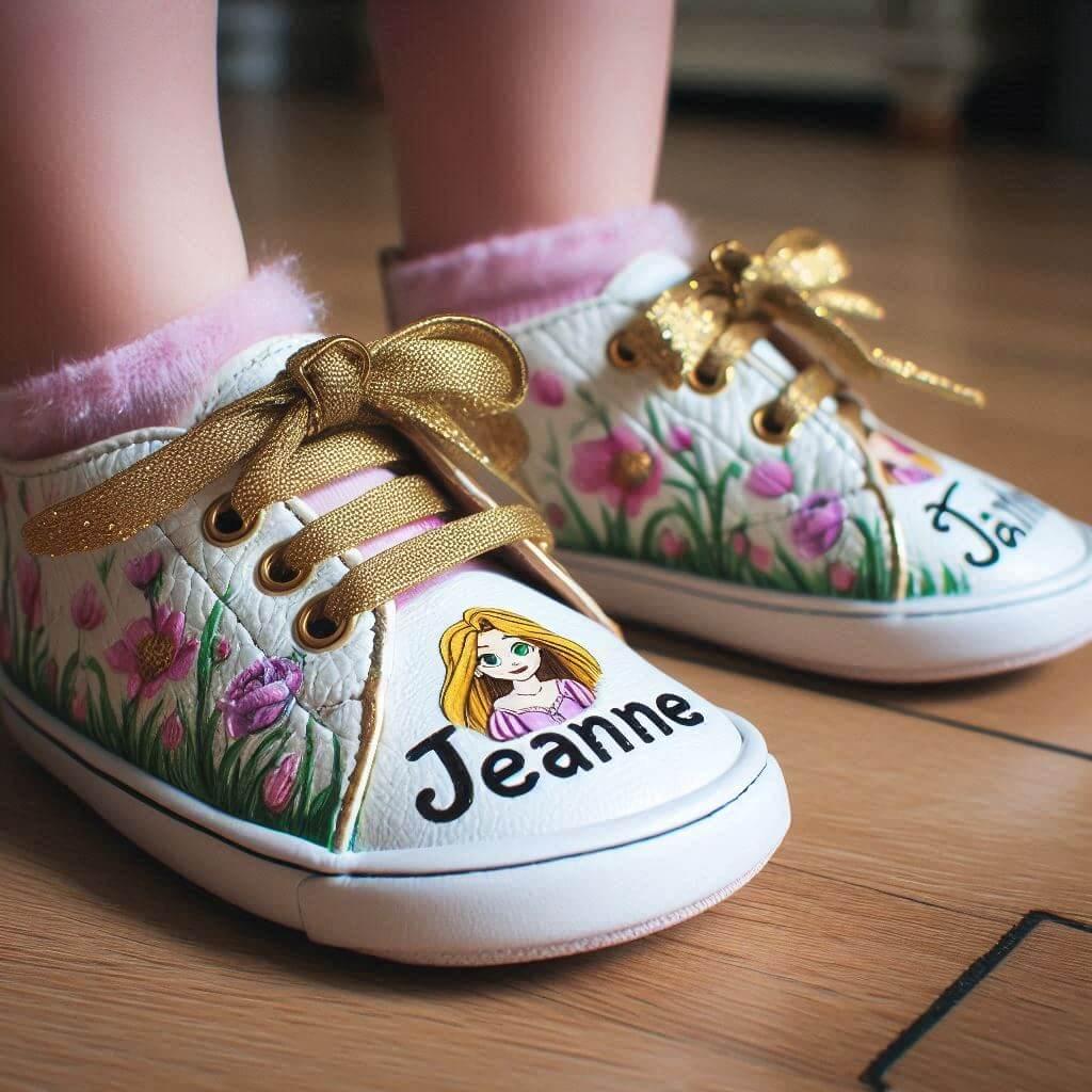 Le prenom jeanne sur des chaussures pour enfant theme princesse raiponce